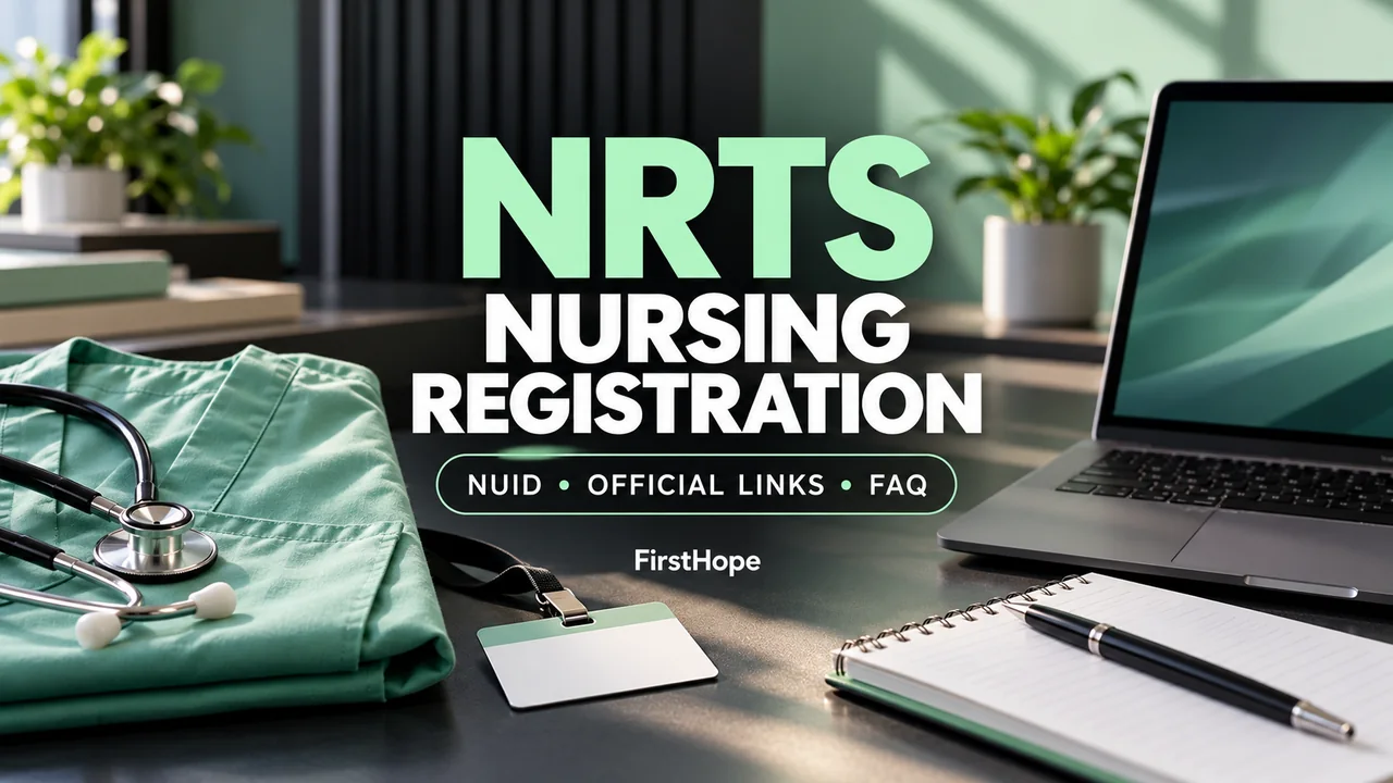 FirstHope NRTS nursing registration cover with mint scrubs, a blank ID card and a laptop.