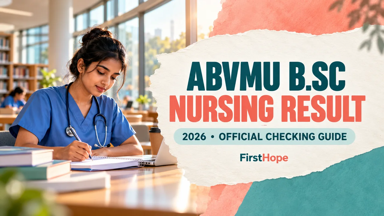 FirstHope ABVMU B.Sc Nursing Result 2026 cover with a nursing student and coral paper collage.
