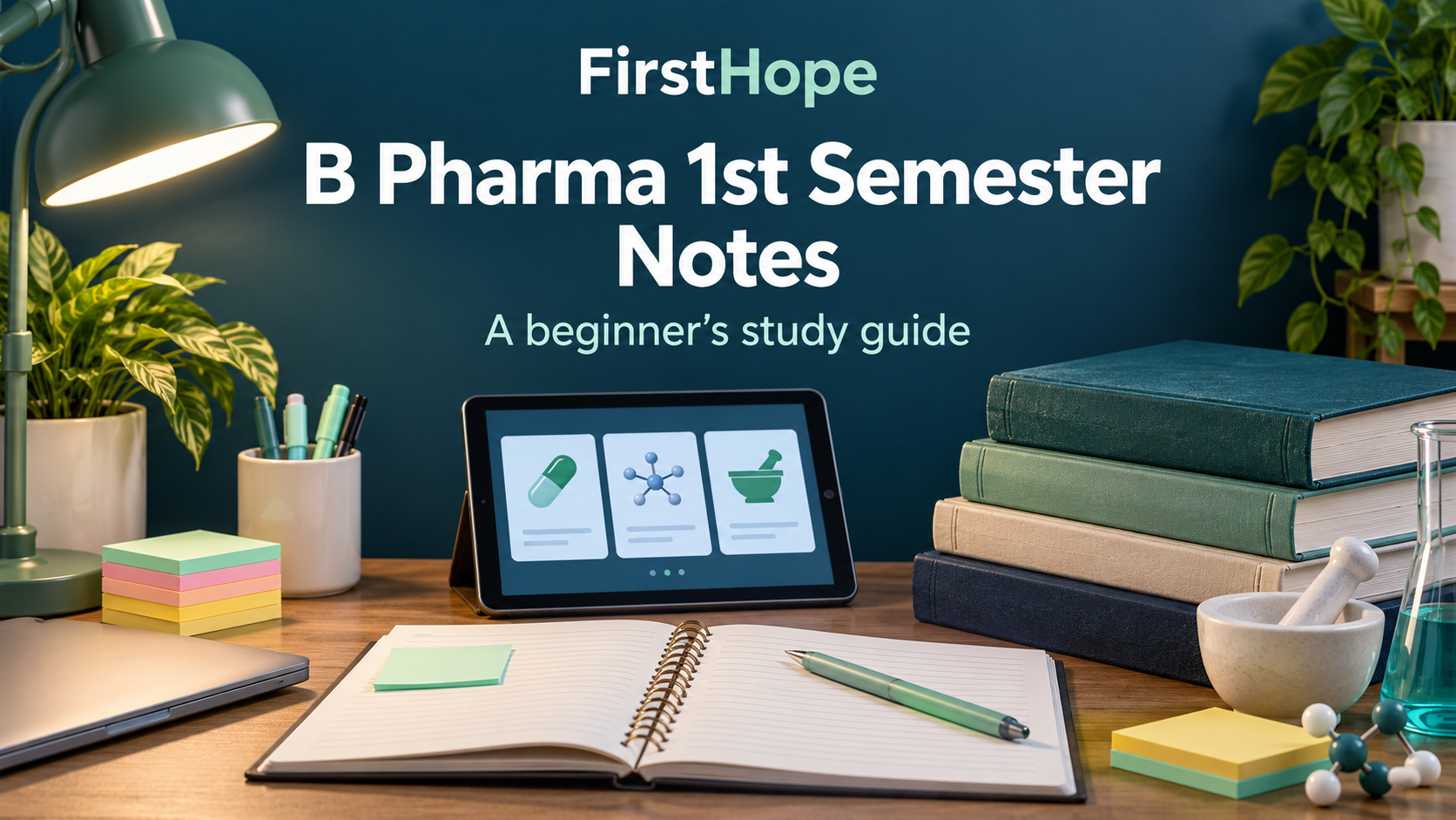 FirstHope B Pharma 1st Semester Notes cover with beginner study books, a notebook and a tablet of study cards.