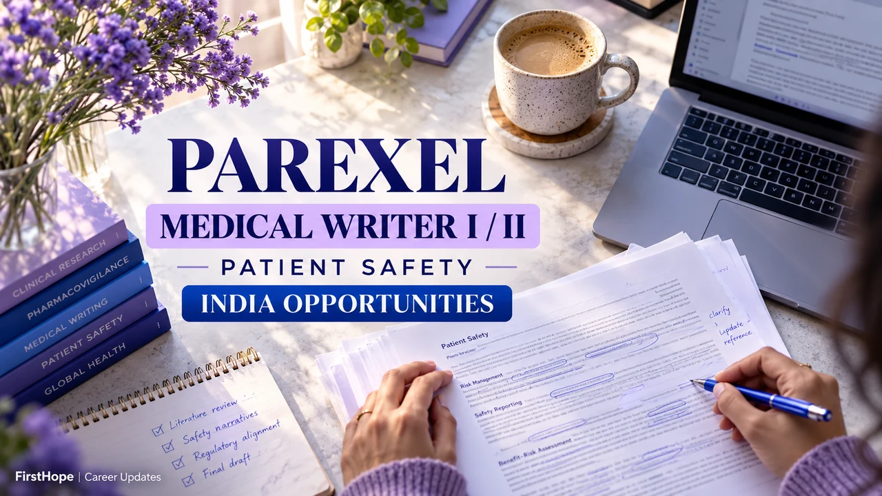 Parexel Medical Writer I and II patient safety cover with a creative editorial desk and laptop.