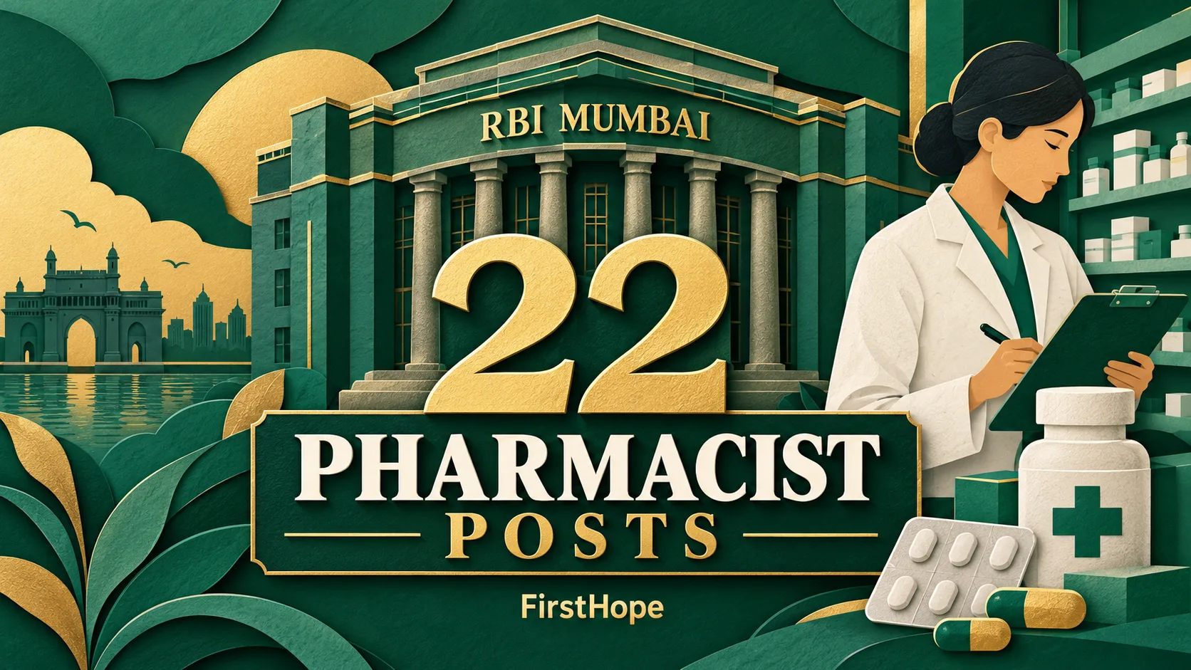 Reserve Bank of India, Mumbai Pharmacist recruitment cover with clear text and a distinct editorial illustration, FirstHope.