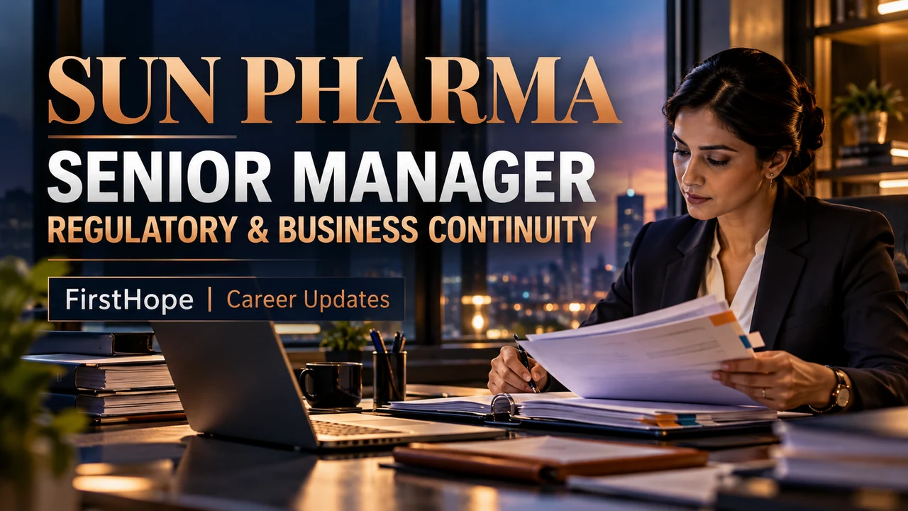Sun Pharma Senior Manager regulatory recruitment cover with an office professional and regulatory files.