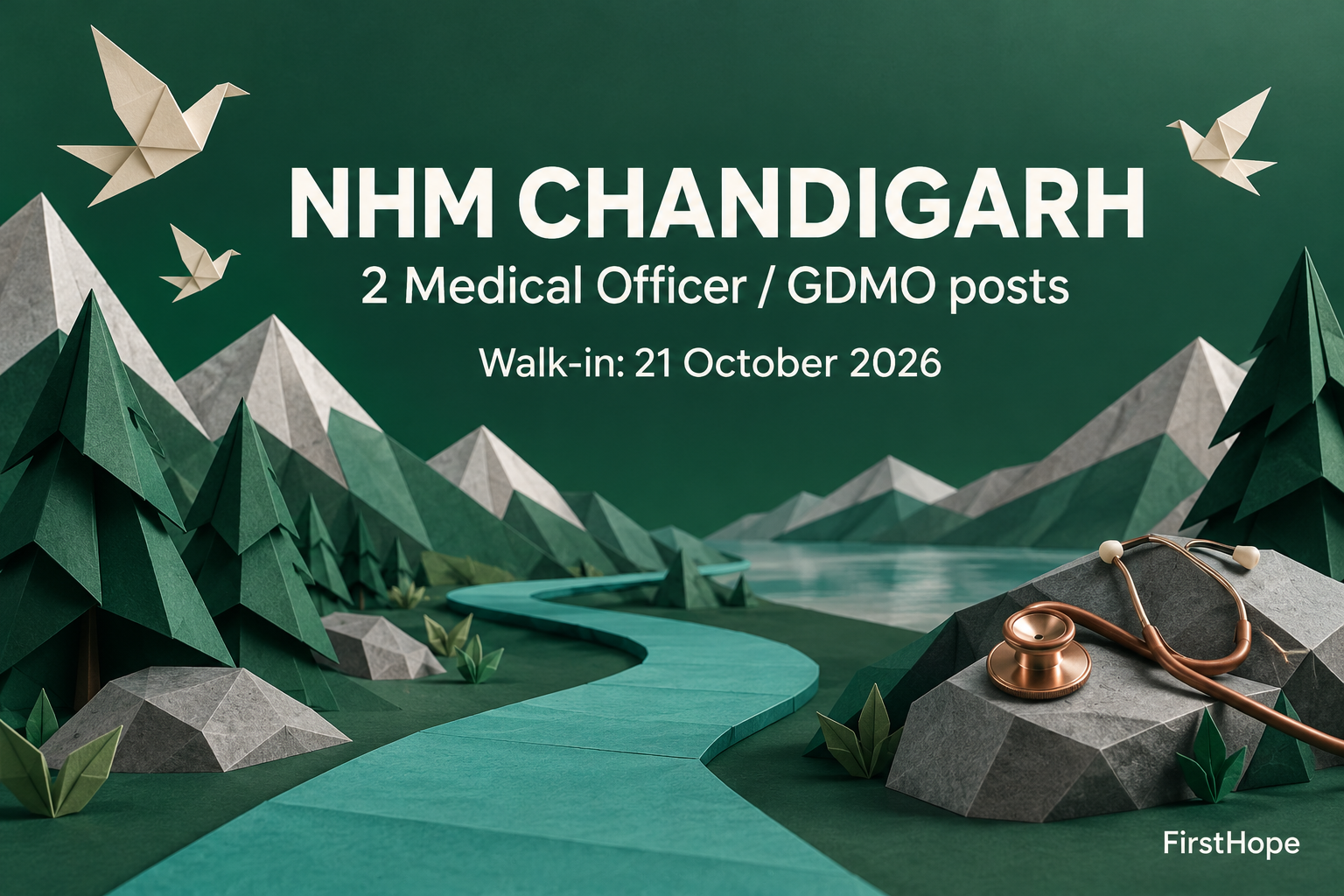 FirstHope healthcare career cover for NHM Chandigarh GDMO Recruitment 2026: Two Medical Officer Posts, showing the employer, job role and application or walk-in date in readable text.