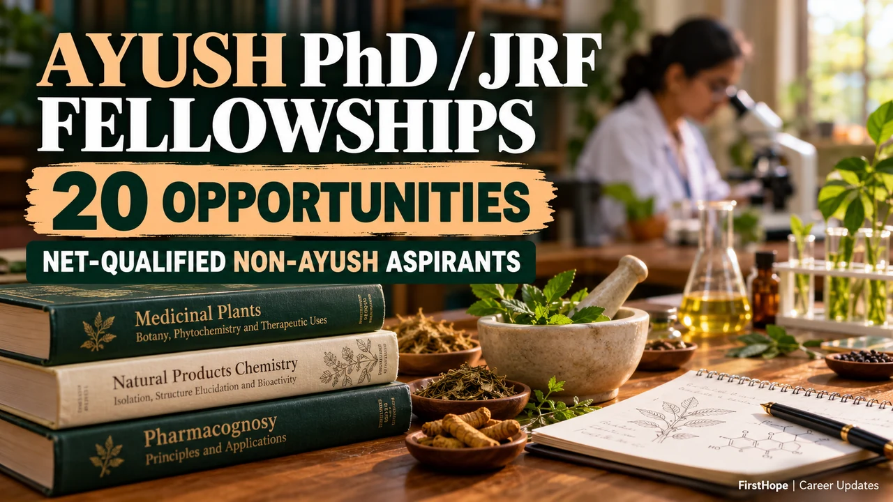 AYUSH PhD and JRF fellowship cover with pharmacy books and text announcing 20 opportunities.