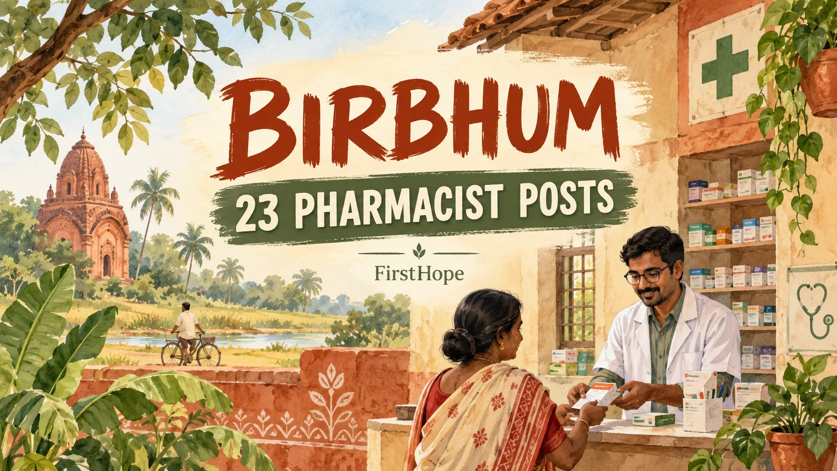 Birbhum DHFWS RBSK Pharmacist recruitment cover with clear text and a distinct editorial illustration, FirstHope.