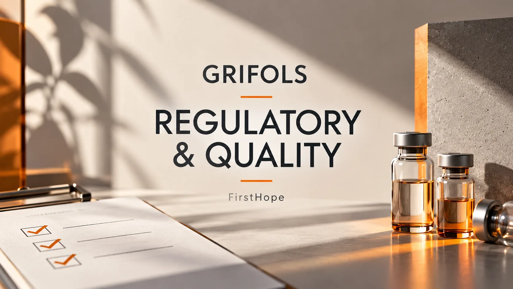 Grifols Regulatory and Quality Specialist recruitment cover with clear text and a distinct editorial illustration, FirstHope.