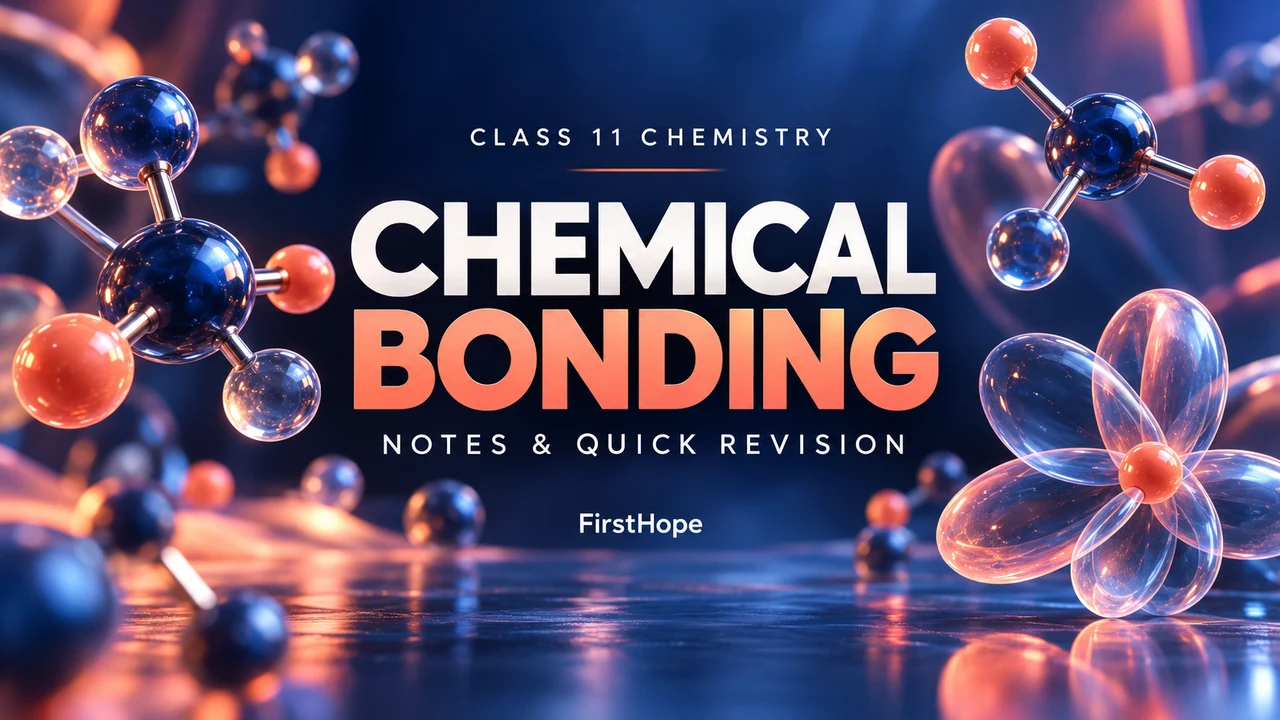 Class 11 Chemical Bonding notes and quick revision, with glossy molecular models in indigo and coral.