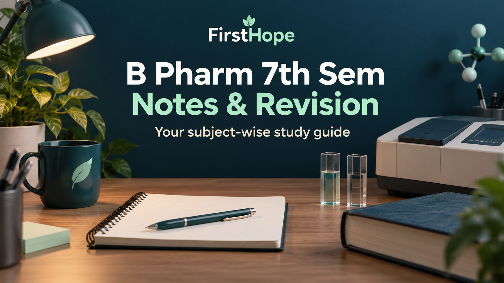 FirstHope B Pharm 7th Sem Notes cover with an analytical instrument, cuvettes, books and a revision notebook.