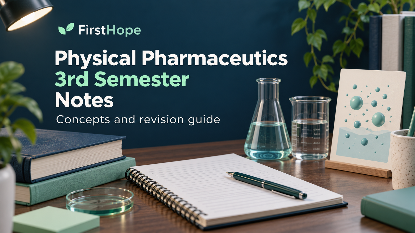 FirstHope Physical Pharmaceutics 3rd Semester Notes cover with glassware, a notebook and a particle illustration.