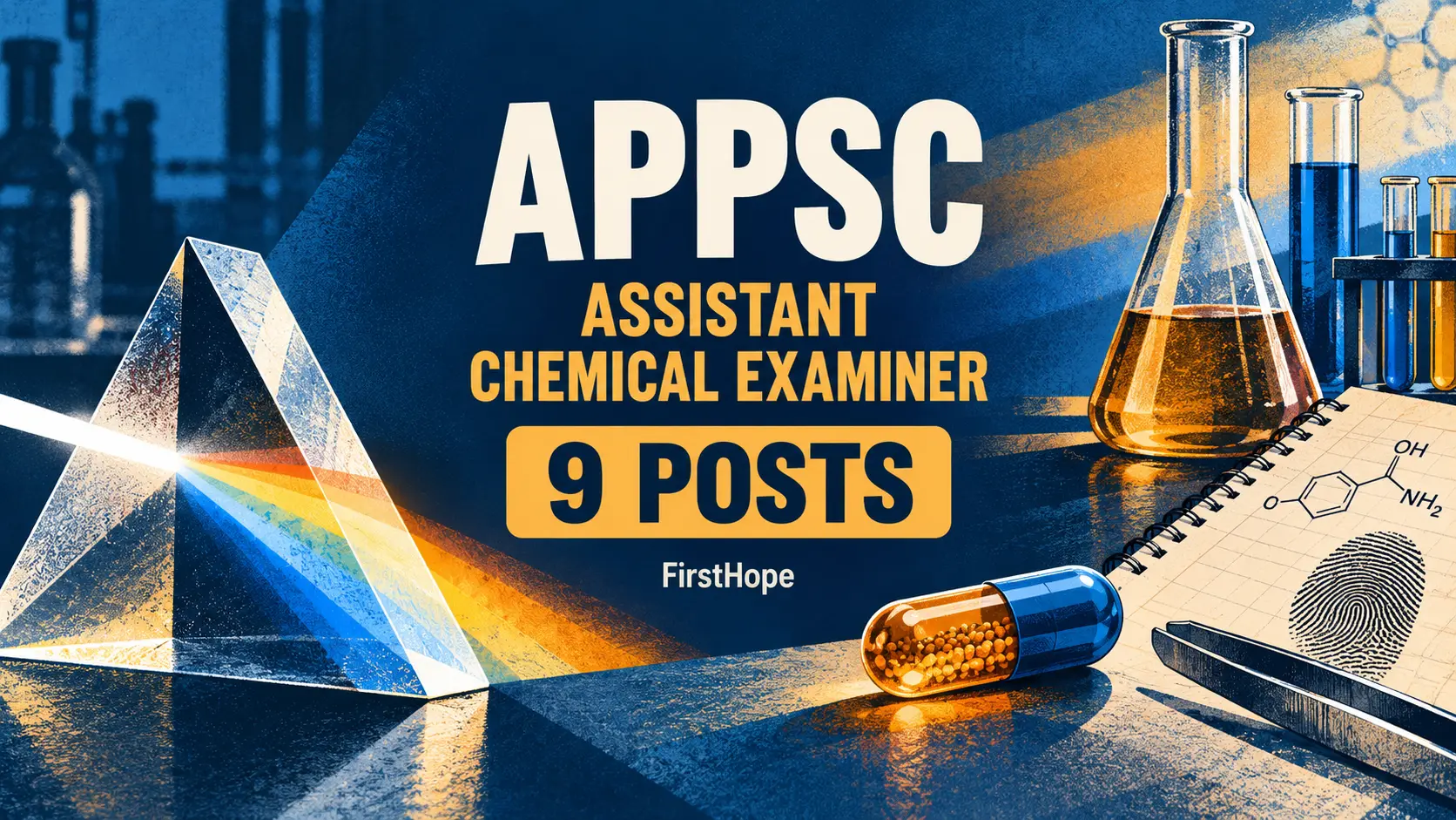 APPSC Assistant Chemical Examiner recruitment cover with clear text and a distinct editorial illustration, FirstHope.
