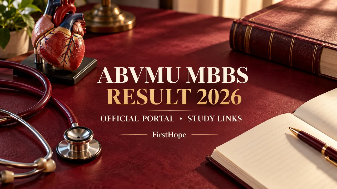 FirstHope ABVMU MBBS Result 2026 cover with an anatomical teaching model, stethoscope and burgundy desk.