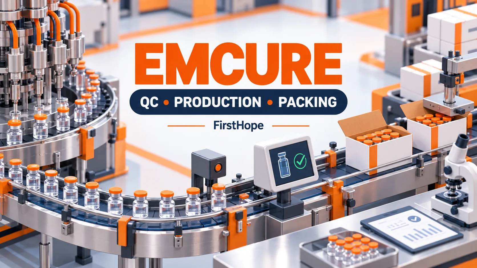 Emcure Pharmaceuticals QC, Production and Packing recruitment cover with clear text and a distinct editorial illustration, FirstHope.