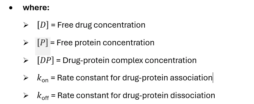 [D][P][DP]kon​koff​​=Free drug concentration=Free protein concentration=Drug-protein complex concentration=Rate constant for drug-protein association=Rate constant for drug-protein dissociation​